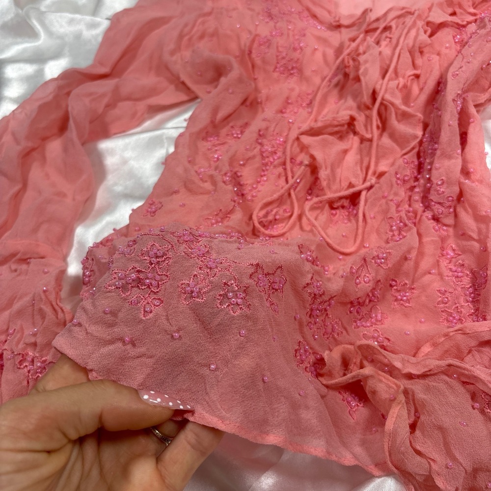y2k Blouse Pink Excellent Silk Beaded Embroidered Ruffle Bell Sleeve Top - Picture 5 of 7